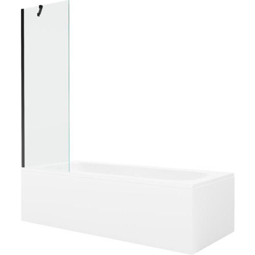 Prostokątna wanna z białą obudową i przezroczystym, jednoskrzydłowym parawanem z czarnym uchwytem. Produkt ma minimalistyczny design i gładką powierzchnię.
