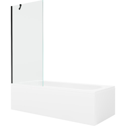 Prostokątna wanna z białą obudową i przezroczystym, jednoskrzydłowym parawanem z czarnym uchwytem. Produkt to "Mexen Vega wanna prostokątna 170 x 70 cm z obudową i parawanem 1-skrzydłowym 80 cm, transparent, czarny - 550117070X9508000070".