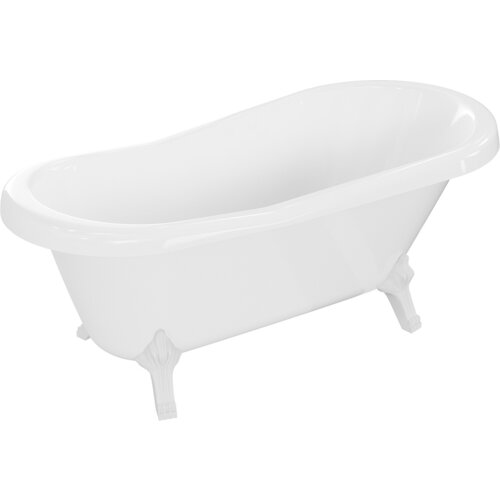 Biała wanna wolnostojąca o klasycznym, retro designie, z ozdobnymi nogami w tym samym kolorze. Produkt ma gładką powierzchnię i zaokrąglone krawędzie.