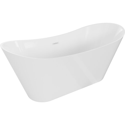 Biała wanna wolnostojąca o eleganckim, zaokrąglonym kształcie z widocznym przelewem. Produkt ma gładką powierzchnię i minimalistyczny design.