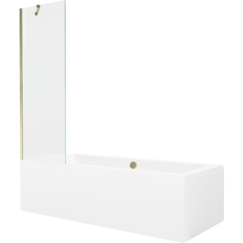 Prostokątna wanna z obudową i przezroczystym, jednoskrzydłowym parawanem, posiada złote elementy wykończenia. Produkt ma minimalistyczny design i jest w kolorze białym.