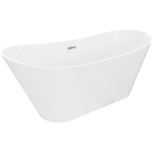 Biała wanna wolnostojąca o eleganckim, zaokrąglonym kształcie z widocznym chromowanym przelewem. Produkt oznaczony jako "Mexen Dora wanna wolnostojąca 170 x 75 cm, biała, przelew chrom - 52071707500-01".