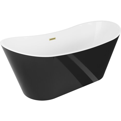 Na zdjęciu znajduje się wolnostojąca wanna o białym wnętrzu i czarnej zewnętrznej powierzchni, z widocznym złotym przelewem. Produkt ma elegancki, nowoczesny design.