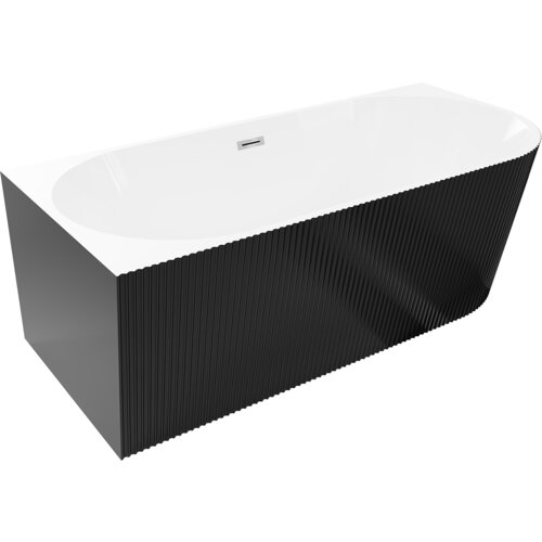 Wolnostojąca wanna narożna o wymiarach 150 x 75 cm, z białym wnętrzem i czarną, ryflowaną obudową, posiada chromowany przelew. Produkt ma prostokątny kształt z zaokrąglonymi krawędziami.