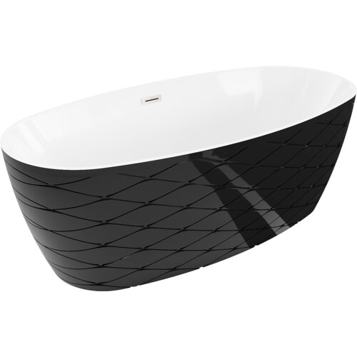 Biała wanna wolnostojąca z czarnym, wzorzystym zewnętrzem i przelewem w kolorze niklu szczotkowanego. Produkt ma elegancki, nowoczesny design.