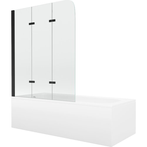 Prostokątna wanna z białą obudową i przezroczystym, trzyskrzydłowym parawanem z czarnymi elementami mocującymi. Produkt ma nowoczesny design i gładkie wykończenie.