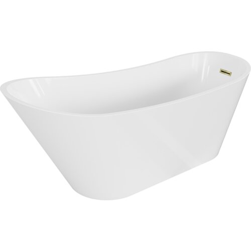 Biała wanna wolnostojąca o eleganckim, zaokrąglonym kształcie z widocznym złotym przelewem. Produkt to "Mexen Alta wanna wolnostojąca 170 x 75 cm, biała, przelew złoty - 52141707500-50".