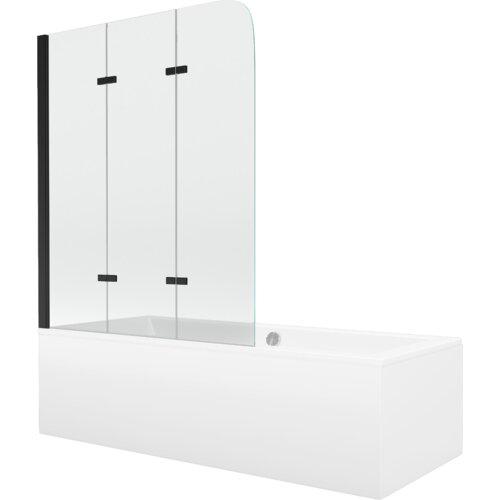 Prostokątna wanna z białą obudową i przezroczystym, trzyskrzydłowym parawanem z czarnymi elementami mocującymi. Produkt ma nowoczesny design i gładką powierzchnię.