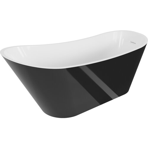 Biała i czarna wanna wolnostojąca o eleganckim, nowoczesnym designie, z widocznym białym przelewem. Produkt ma gładką, błyszczącą powierzchnię i zaokrąglone krawędzie.