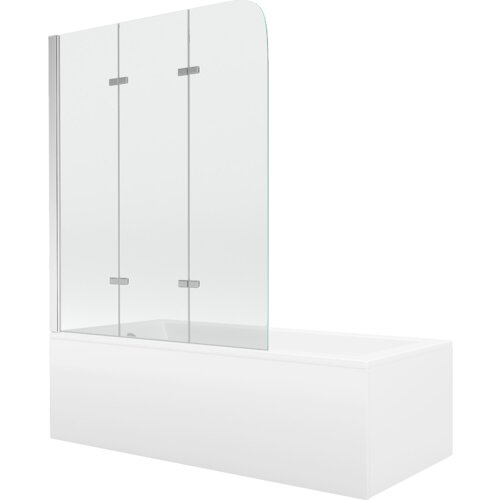 Prostokątna wanna z białą obudową, wyposażona w przezroczysty, trójskrzydłowy parawan z chromowanymi elementami mocującymi. Produkt ma nowoczesny design i gładkie wykończenie.