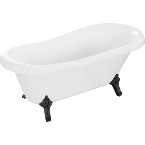 Biała wanna wolnostojąca o klasycznym, zaokrąglonym kształcie, osadzona na czarnych, ozdobnych nogach. Produkt ma wymiary 150 x 73 cm.