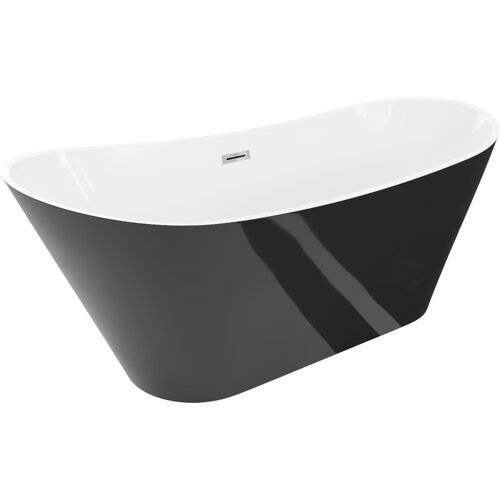 Na zdjęciu znajduje się wolnostojąca wanna o białym wnętrzu i czarnej zewnętrznej powierzchni, z widocznym chromowanym przelewem. Produkt ma elegancki, nowoczesny design z gładkimi, zaokrąglonymi krawędziami.