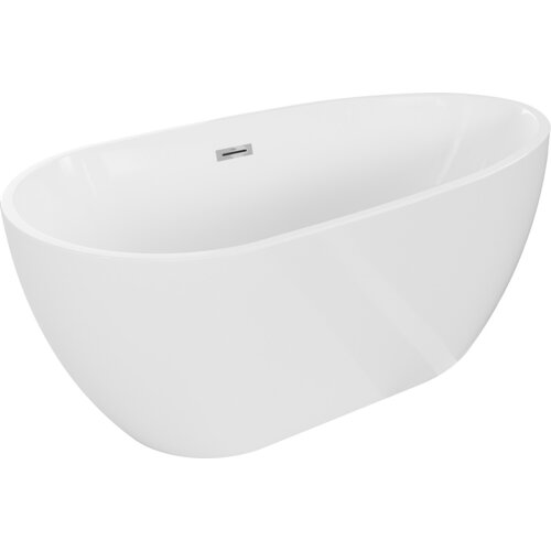 Biała wanna wolnostojąca o opływowym kształcie z widocznym chromowanym przelewem. Produkt ma gładką powierzchnię i minimalistyczny design.