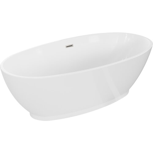 Biała wanna wolnostojąca o owalnym kształcie z widocznym przelewem w kolorze niklu szczotkowanego. Produkt ma gładką powierzchnię i prosty, nowoczesny design.
