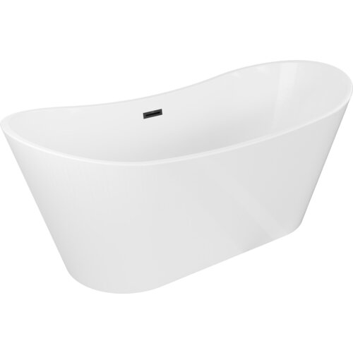 Biała wanna wolnostojąca o opływowym kształcie z czarnym przelewem na wewnętrznej ściance. Produkt ma gładką powierzchnię i nowoczesny design.