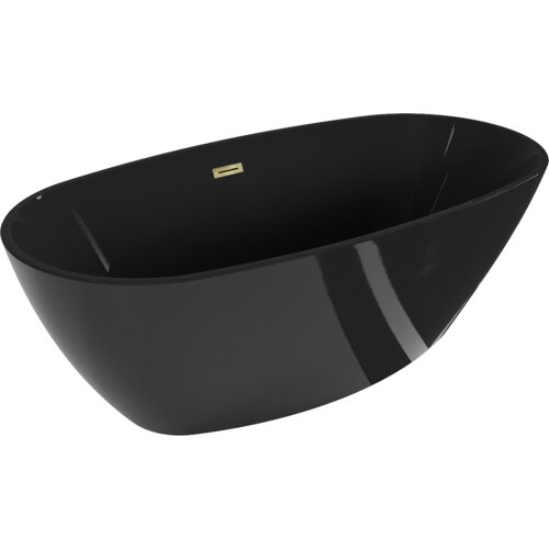 Czarna wanna wolnostojąca o gładkiej powierzchni, z widocznym złotym przelewem. Produkt ma elegancki, nowoczesny design.