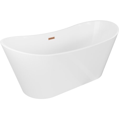 Biała wanna wolnostojąca o opływowym kształcie, z widocznym miedzianym przelewem. Produkt ma gładką powierzchnię i elegancki design.