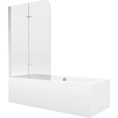 Prostokątna wanna z obudową i dwuskrzydłowym, transparentnym parawanem w kolorze chromu. Produkt ma gładką, białą powierzchnię i prosty, nowoczesny design.