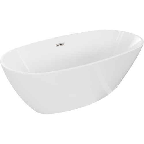 Biała, wolnostojąca wanna o opływowym kształcie z widocznym przelewem w kolorze niklu szczotkowanego. Produkt to "Mexen Eris wanna wolnostojąca 180 x 95 cm, biała, przelew nikiel szczotkowany - 53441809500-97".