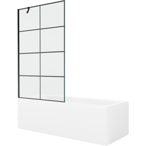 Prostokątna wanna z białą obudową i czarnym, jednoskrzydłowym parawanem z pionowymi i poziomymi podziałami. Produkt to "Mexen Cubik wanna prostokątna 150 x 70 cm z obudową i parawanem 1-skrzydłowym 100 cm, czarny wzór - 550315070X9510007077".