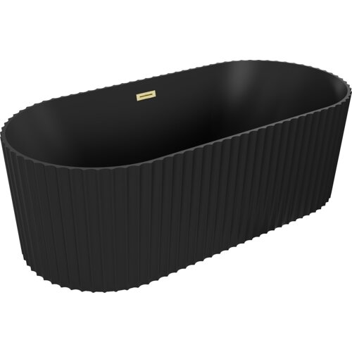 Czarna, matowa wanna wolnostojąca o ryflowanej powierzchni i owalnym kształcie, z widocznym złotym przelewem. Produkt ma wymiary 150 x 75 cm.