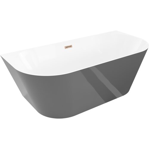 Biała i szara wanna wolnostojąca o owalnym kształcie z widocznym przelewem w kolorze różowego złota. Produkt ma gładką powierzchnię i nowoczesny design.