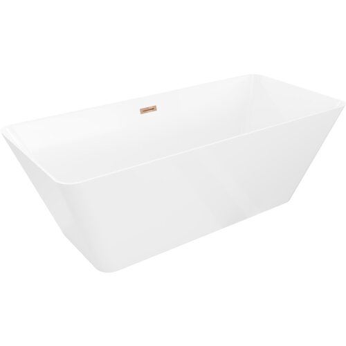 Biała wanna wolnostojąca o prostokątnym kształcie z widocznym przelewem w kolorze różowego złota. Produkt ma gładką powierzchnię i minimalistyczny design.