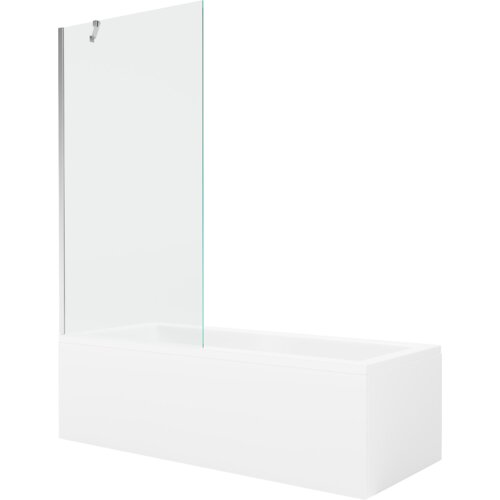 Prostokątna wanna z białą obudową i przezroczystym, jednoskrzydłowym parawanem z chromowanym uchwytem. Produkt ma minimalistyczny design i gładką powierzchnię.
