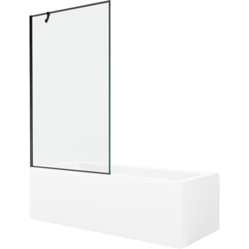 Prostokątna wanna z białą obudową i przezroczystym, jednoskrzydłowym parawanem z czarną ramą. Produkt to "Mexen Cubik wanna prostokątna 150 x 70 cm z obudową i parawanem 1-skrzydłowym 100 cm, czarny wzór - 550315070X9510007070".