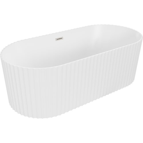 Biała, matowa wanna wolnostojąca o ryflowanej powierzchni i owalnym kształcie, z widocznym przelewem w kolorze niklu szczotkowanego. Produkt ma wymiary 170 x 80 cm.