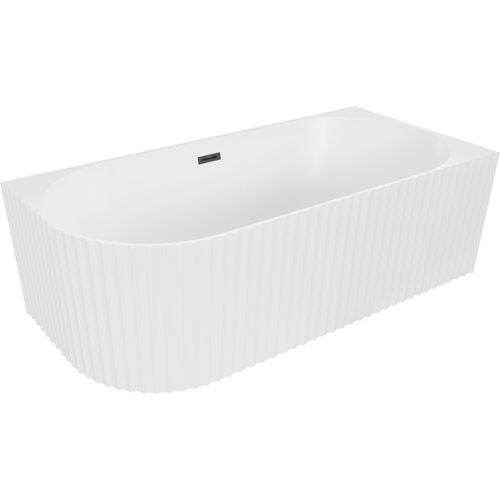 Biała, matowa wanna wolnostojąca o ryflowanej powierzchni z czarnym przelewem, o wymiarach 170 x 80 cm. Produkt ma zaokrąglony narożnik i prostokątny kształt.
