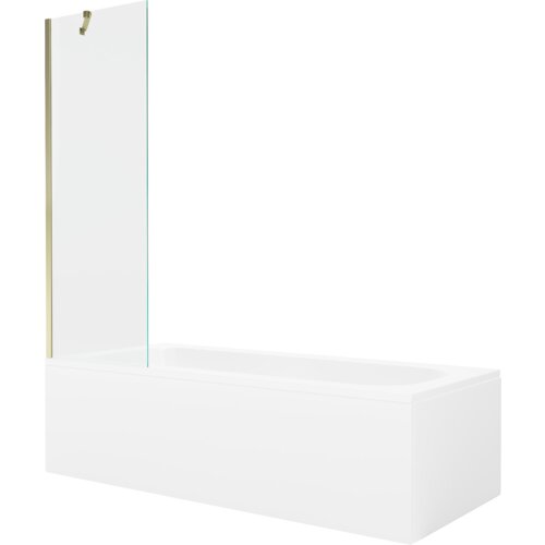 Prostokątna wanna z białą obudową i przezroczystym, jednoskrzydłowym parawanem, który ma złote elementy mocujące. Produkt ma minimalistyczny design i gładką powierzchnię.
