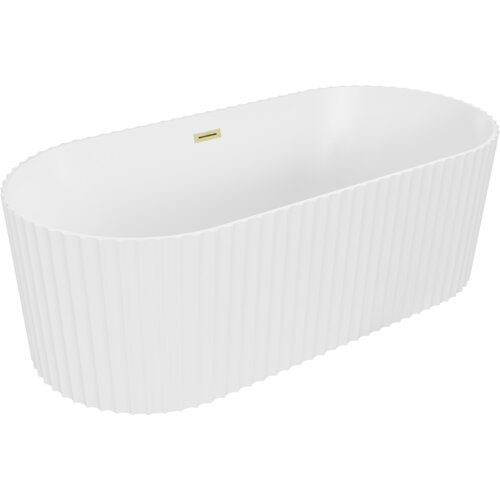 Biała, matowa wanna wolnostojąca o ryflowanej powierzchni i owalnym kształcie, z widocznym złotym, szczotkowanym przelewem. Produkt ma wymiary 170 x 80 cm.