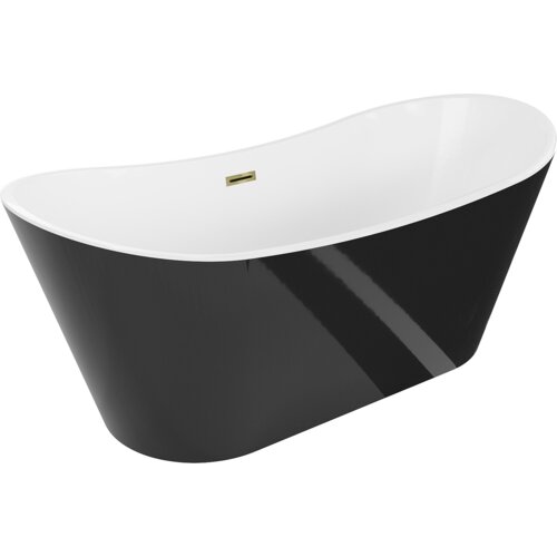 Na zdjęciu znajduje się wolnostojąca wanna o białym wnętrzu i czarnej zewnętrznej powierzchni, z widocznym złotym przelewem. Produkt ma elegancki, nowoczesny design.