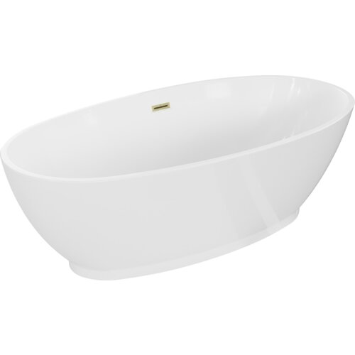 Biała, wolnostojąca wanna o owalnym kształcie z widocznym złotym, szczotkowanym przelewem. Produkt ma gładką powierzchnię i elegancki design.
