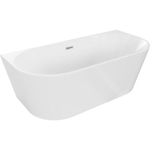 Na zdjęciu widoczna jest biała, wolnostojąca wanna o owalnym kształcie z chromowanym przelewem. Produkt ma gładką powierzchnię i prosty, nowoczesny design.