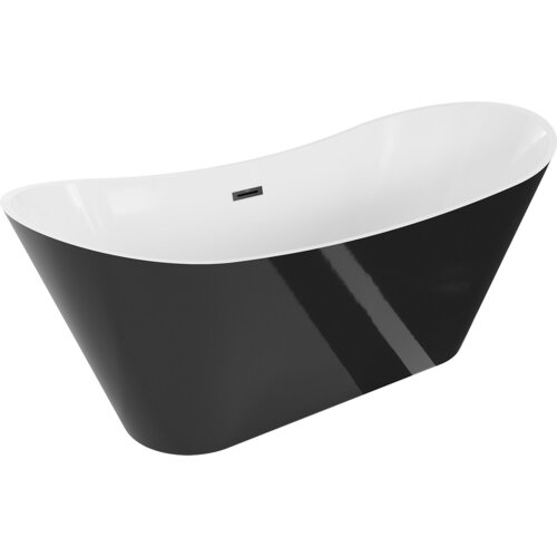 Biała wanna wolnostojąca z czarnym zewnętrzem i czarnym przelewem, o eleganckim, nowoczesnym designie. Produkt ma gładką, błyszczącą powierzchnię.