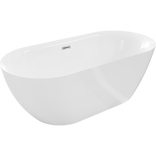 Biała, wolnostojąca wanna o zaokrąglonych krawędziach z widocznym chromowanym przelewem. Produkt ma gładką powierzchnię i minimalistyczny design.