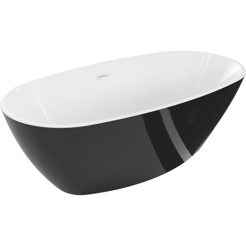 Biała i czarna wanna wolnostojąca o opływowym kształcie, z widocznym przelewem na wewnętrznej stronie. Produkt ma gładką powierzchnię i elegancki design.