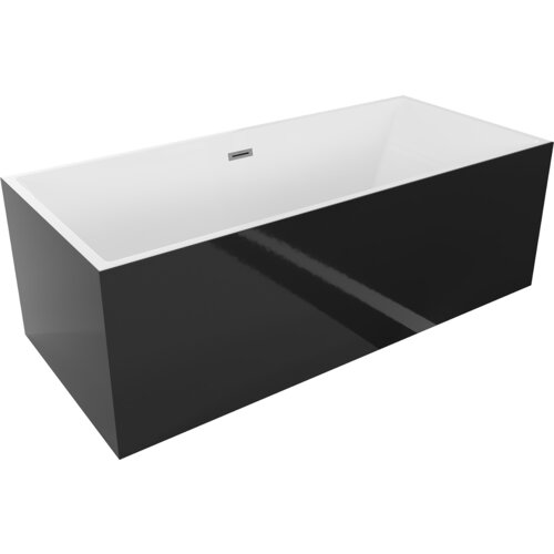 Na zdjęciu widoczna jest prostokątna wanna wolnostojąca o białym wnętrzu i czarnych zewnętrznych ściankach, z przelewem w kolorze gun metal. Wanna ma nowoczesny design i gładką, błyszczącą powierzchnię.