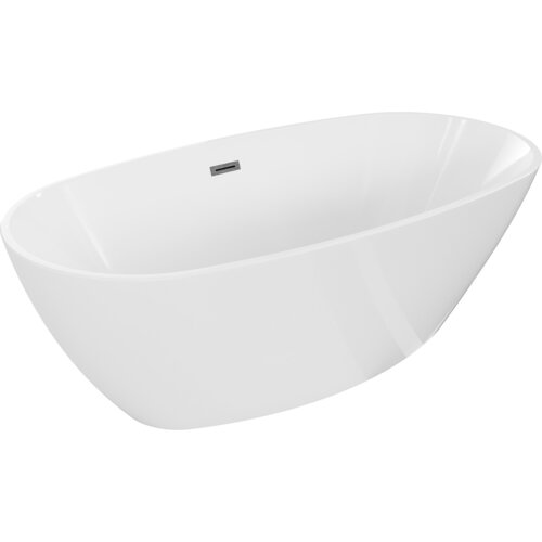 Biała wanna wolnostojąca o opływowym kształcie, z widocznym przelewem w kolorze gun gray szczotkowanym. Produkt ma gładką powierzchnię i minimalistyczny design.