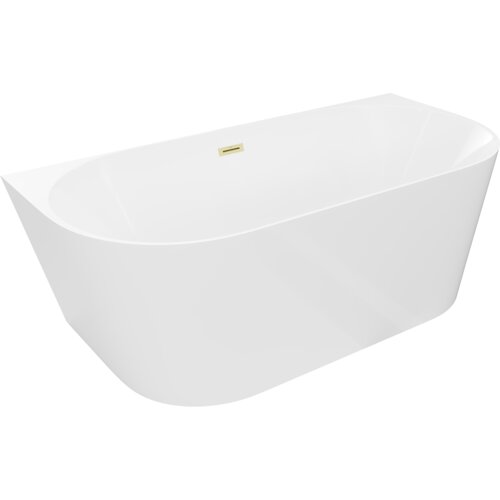 Biała wanna wolnostojąca o owalnym kształcie z widocznym złotym, szczotkowanym przelewem. Produkt ma gładką powierzchnię i prosty, elegancki design.