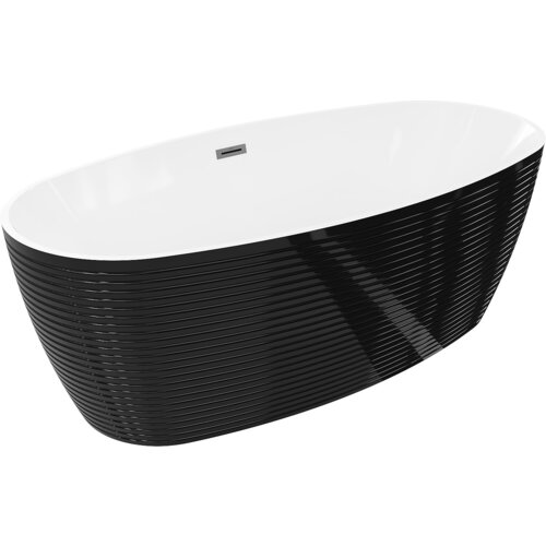 Biała wanna wolnostojąca z czarnym, żebrowanym wykończeniem zewnętrznym, posiada prostokątny przelew w kolorze gun metal. Produkt ma wymiary 170 x 80 cm.