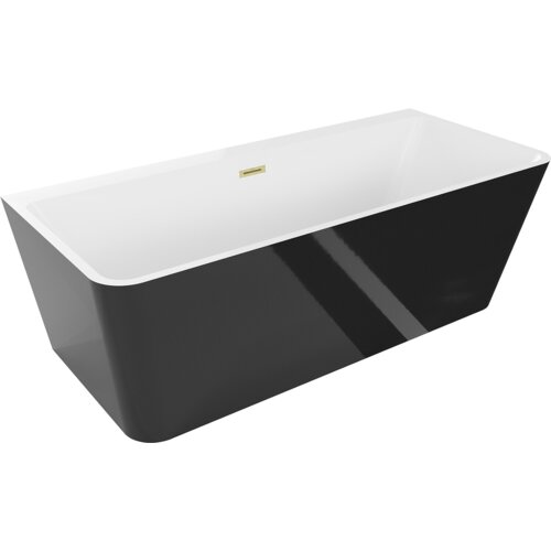 Biała wanna wolnostojąca o prostokątnym kształcie z czarną zewnętrzną powierzchnią i złotym szczotkowanym przelewem. Produkt ma nowoczesny design i gładkie wykończenie.