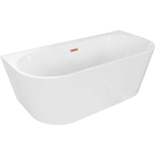 Biała wanna wolnostojąca o owalnym kształcie z miedzianym przelewem, o gładkiej powierzchni i minimalistycznym designie. Produkt jest oznaczony jako "Mexen Oval+ wanna wolnostojąca przyścienna 170 x 80 cm, biała, przelew miedź szczotkowana - 52681708000-65".