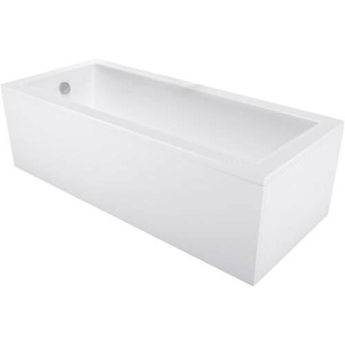 Biała, prostokątna wanna z obudową, o gładkiej powierzchni i zaokrąglonym odpływie umieszczonym na jednym z krótszych boków. Produkt ma minimalistyczny design i wymiary 180 x 90 cm.