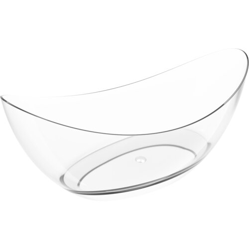 Przezroczysta wanna wolnostojąca o opływowym kształcie, z widocznym chromowanym korkiem na dnie. Produkt ma gładką powierzchnię i minimalistyczny design.