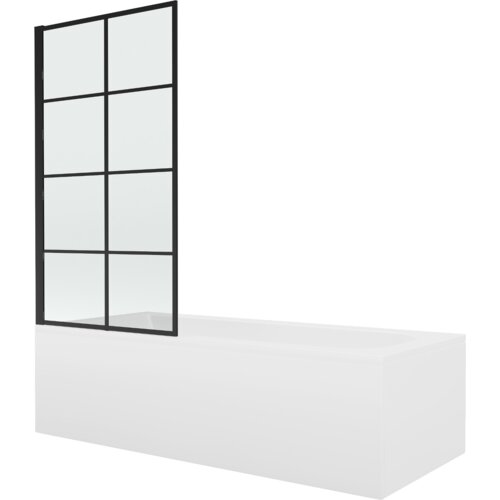 Prostokątna wanna z białą obudową i czarnym, jednoskrzydłowym parawanem z podziałem na osiem szklanych paneli. Produkt ma nowoczesny design z wyraźnymi liniami i kontrastującymi kolorami.