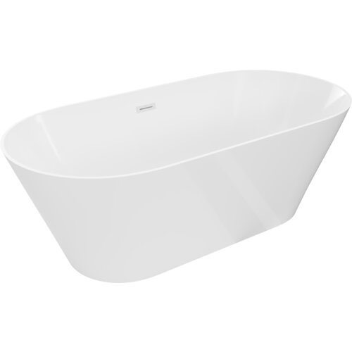 Biała, wolnostojąca wanna o prostych, eleganckich liniach i gładkiej powierzchni, z widocznym białym przelewem. Produkt ma nowoczesny design i jest przeznaczony do łazienek.