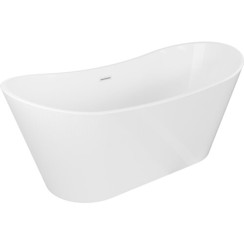 Biała wanna wolnostojąca o eleganckim, zaokrąglonym kształcie z widocznym przelewem. Produkt ma gładką powierzchnię i minimalistyczny design.